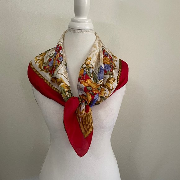 Red Floral 100% Silk Scarf 30 x 30